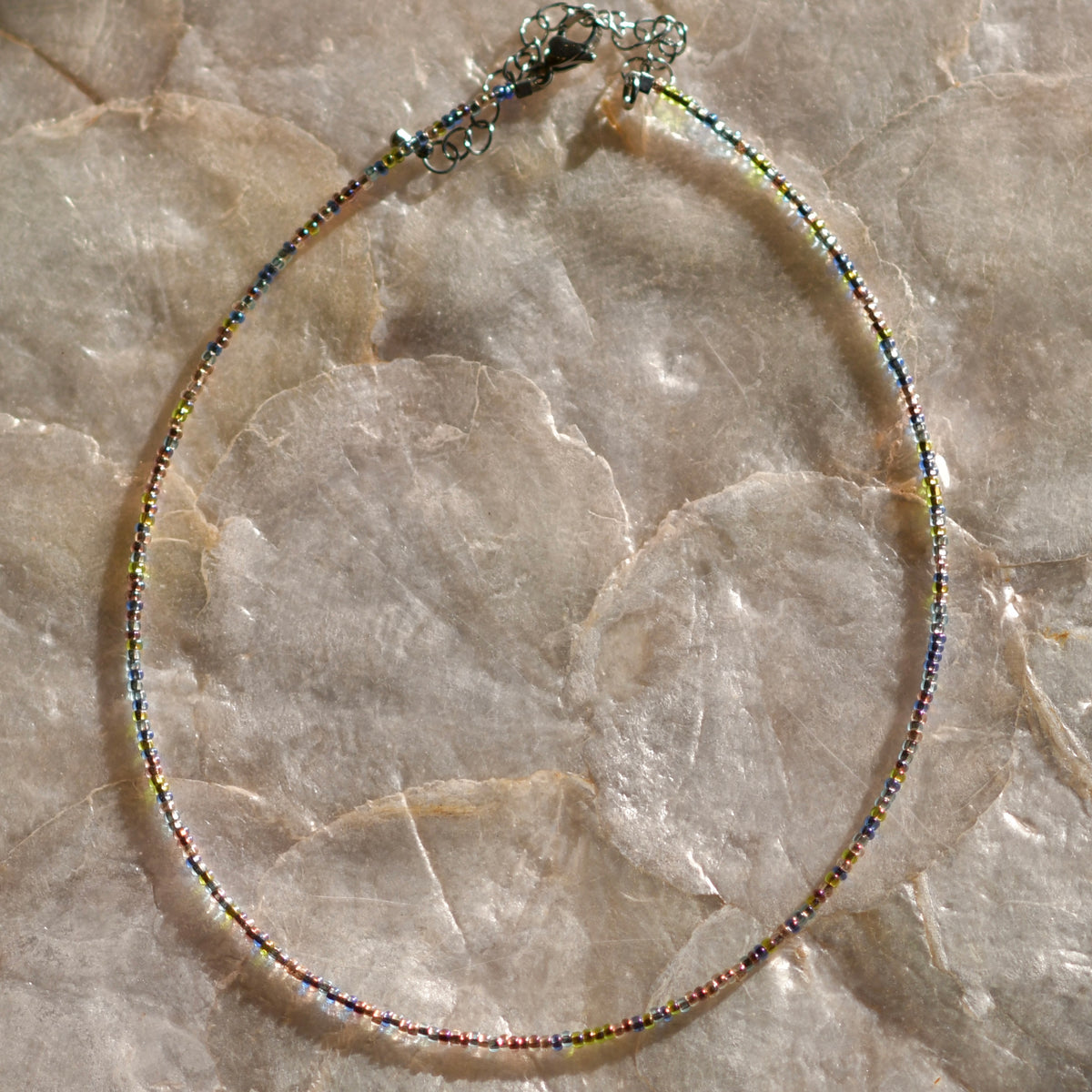 Glossy Rainbow Tiny Seed Bead Necklace, 14" Stainless Steel