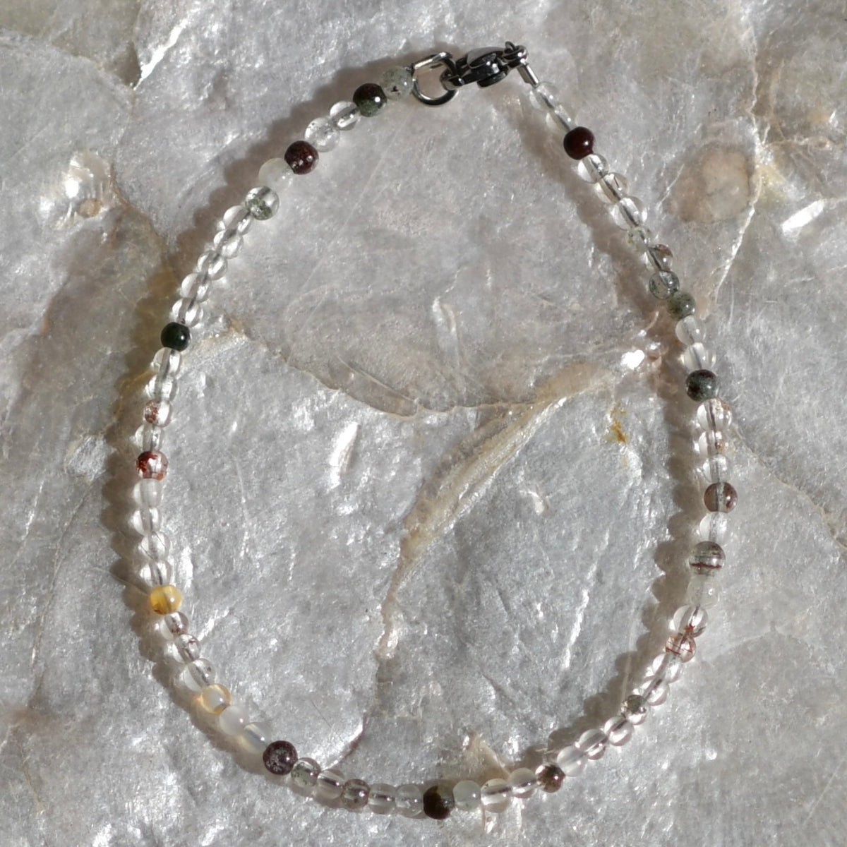 Green Lodolite Quartz Dainty Gemstone Bracelet, 7.5" Stainless Steel