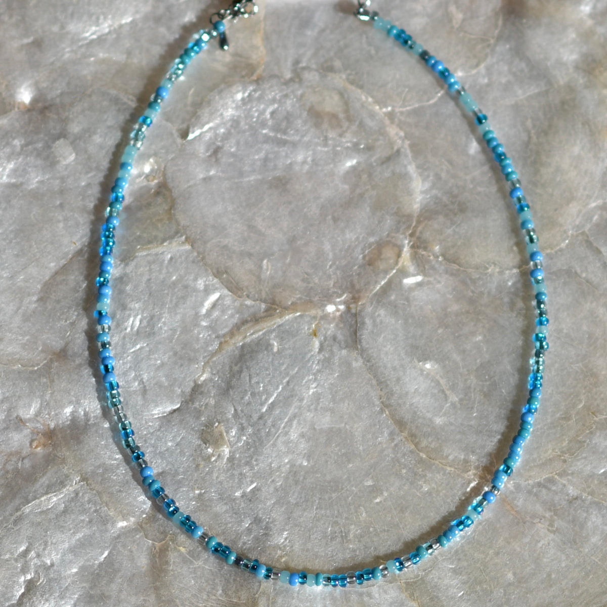 Ocean Waters Dainty Seed Bead Necklace, 14" Stainless Steel
