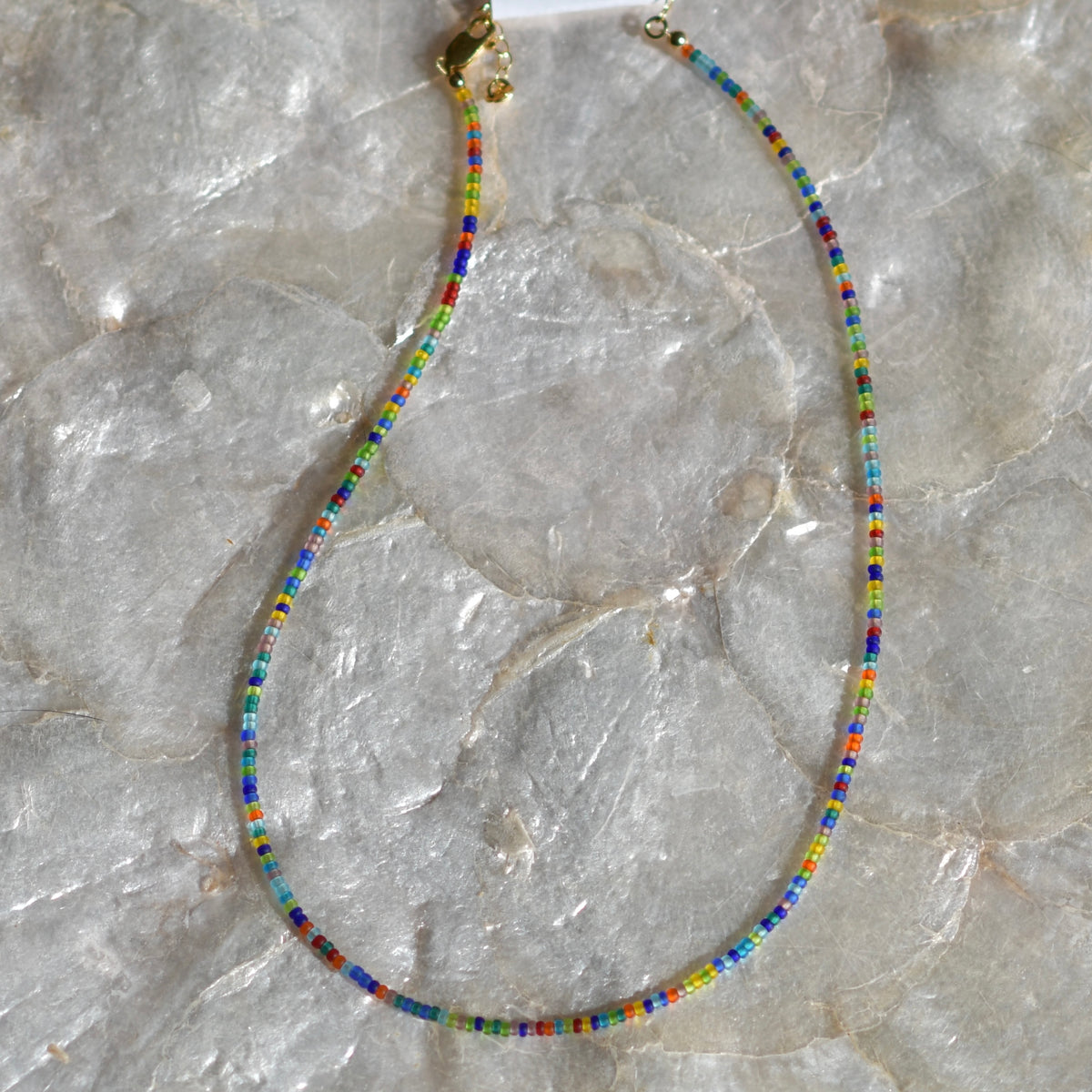 Frosted Rainbow Tiny Seed Bead Necklace, 14" Gold-Filled