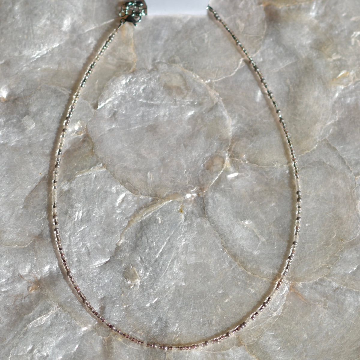 Sparkling Champagne Tiny Seed Bead Necklace, 14" Stainless Steel