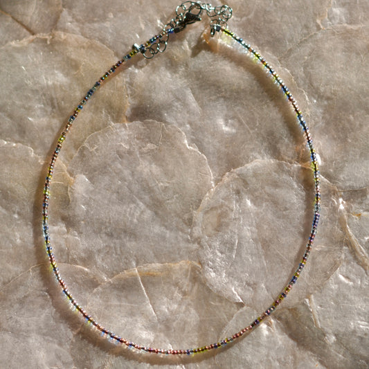 Glossy Rainbow Tiny Seed Bead Necklace, 14" Stainless Steel