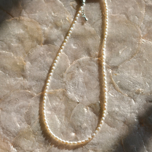 Dainty Pearl Necklace, 16" Stainless Steel