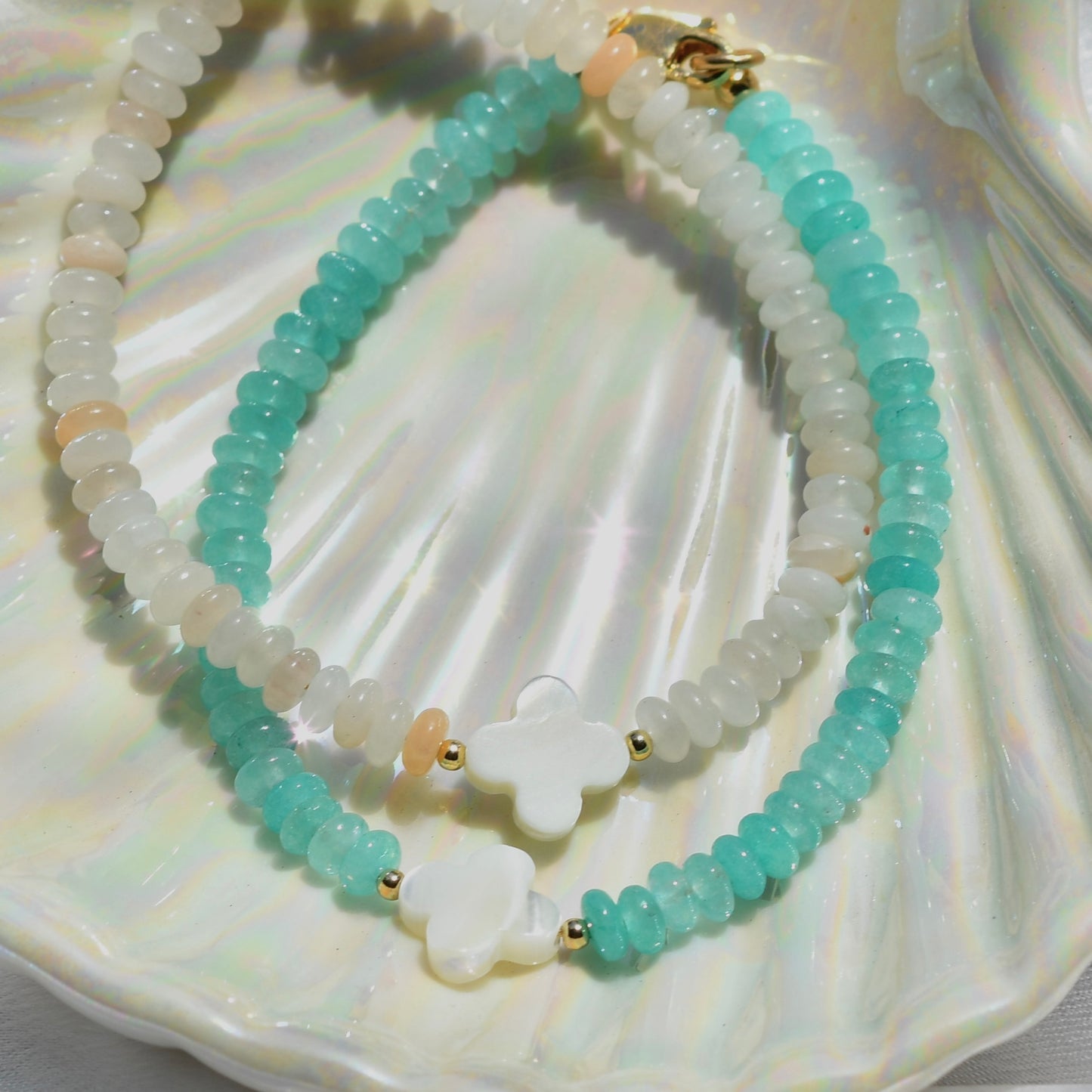 Clover Pearl Accent Rondelle Gemstone Beaded Bracelet/Anklet