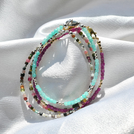 Tiny Cube Gemstone & Metal Beaded Bracelet/Anklet