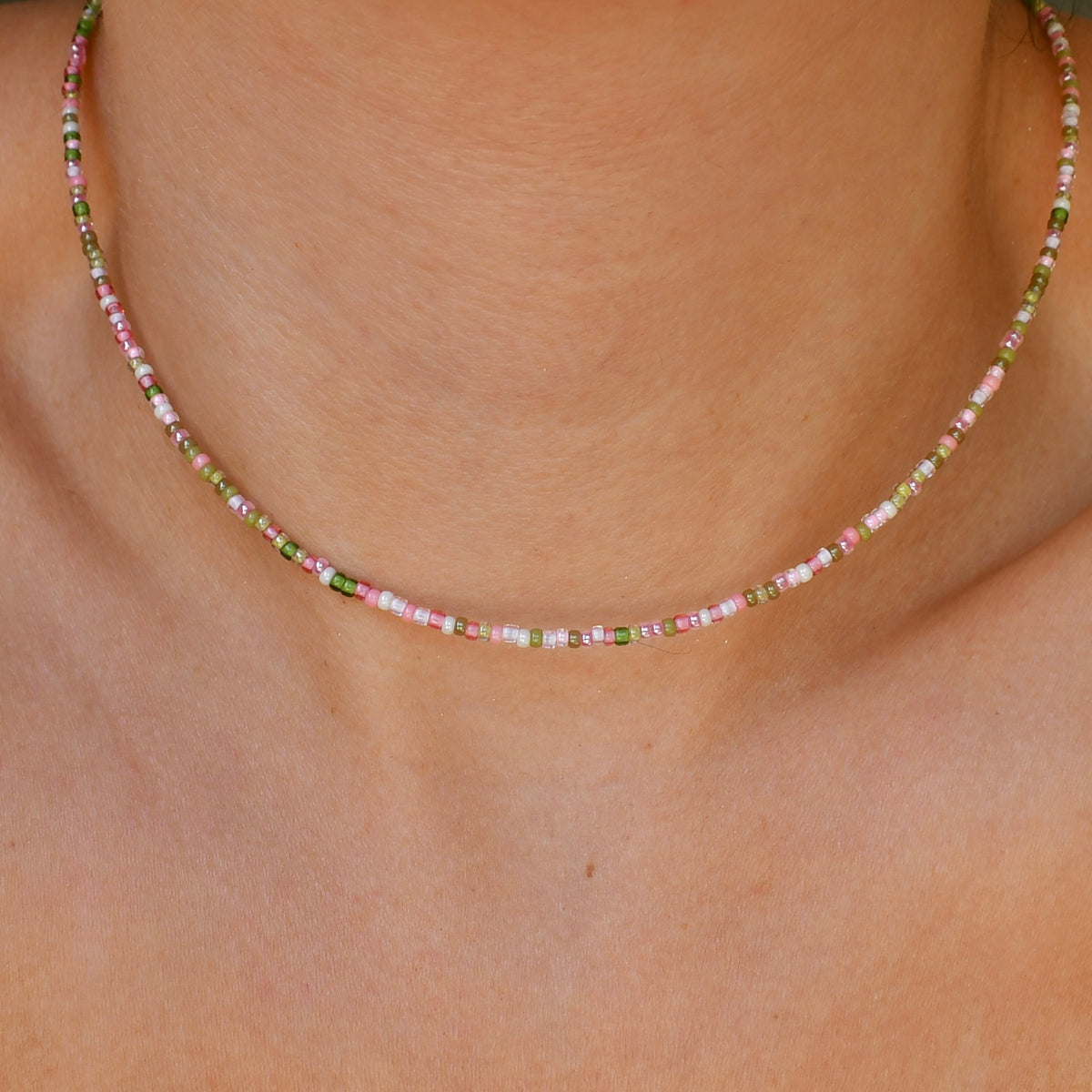 Strawberry Matcha Tiny Seed Bead Necklace