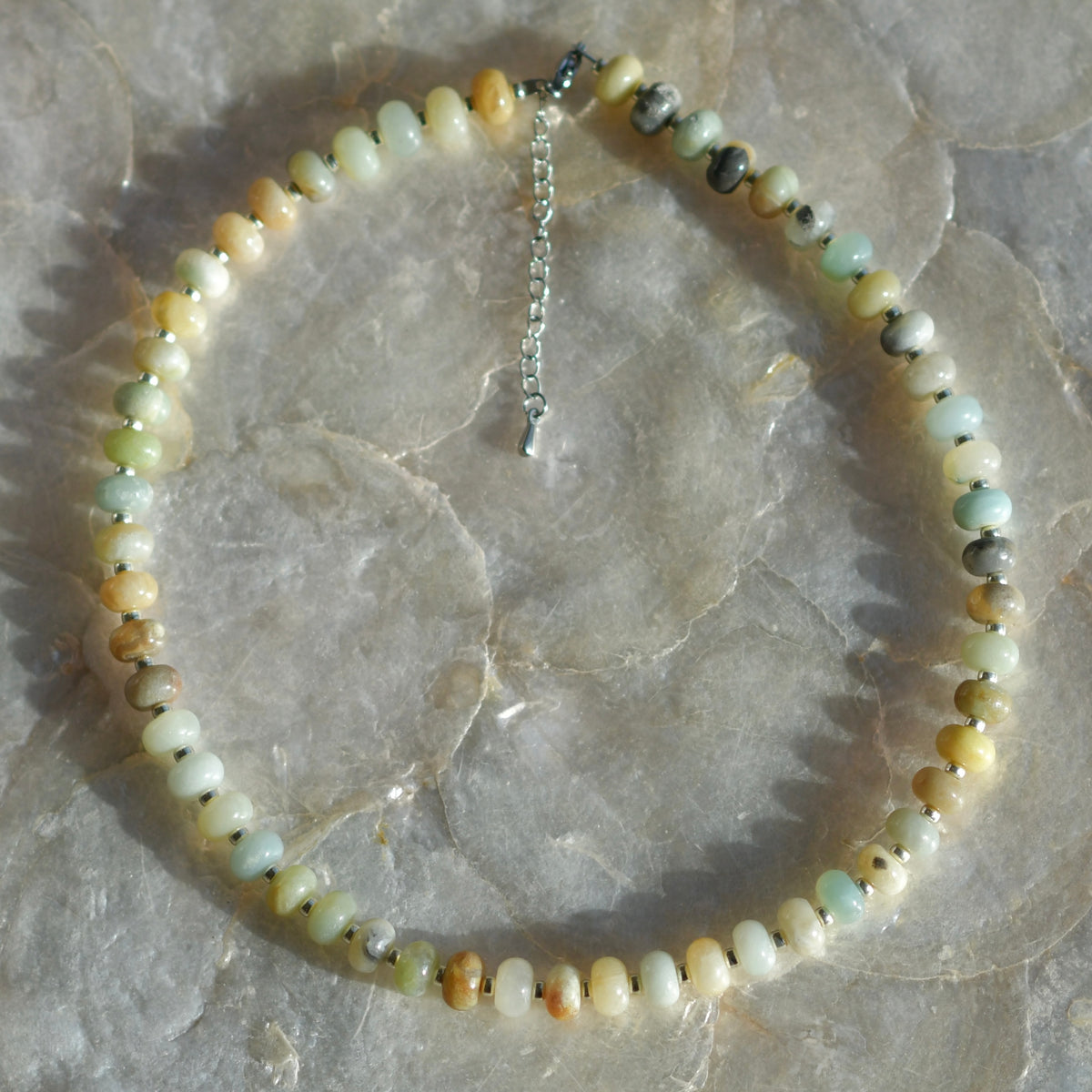 Amazonite Chunky Rondelle Gemstone Necklace, 16" Stainless Steel