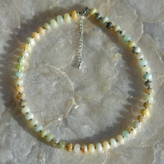Amazonite Chunky Rondelle Gemstone Necklace, 16" Stainless Steel