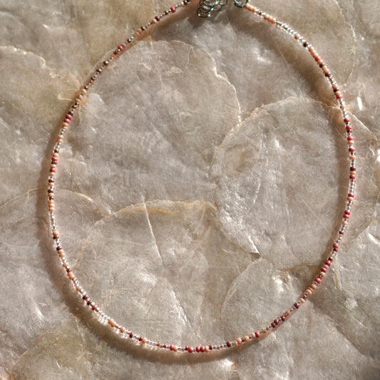 Raspberry Moon Tiny Seed Bead Necklace, 14" Stainless Steel