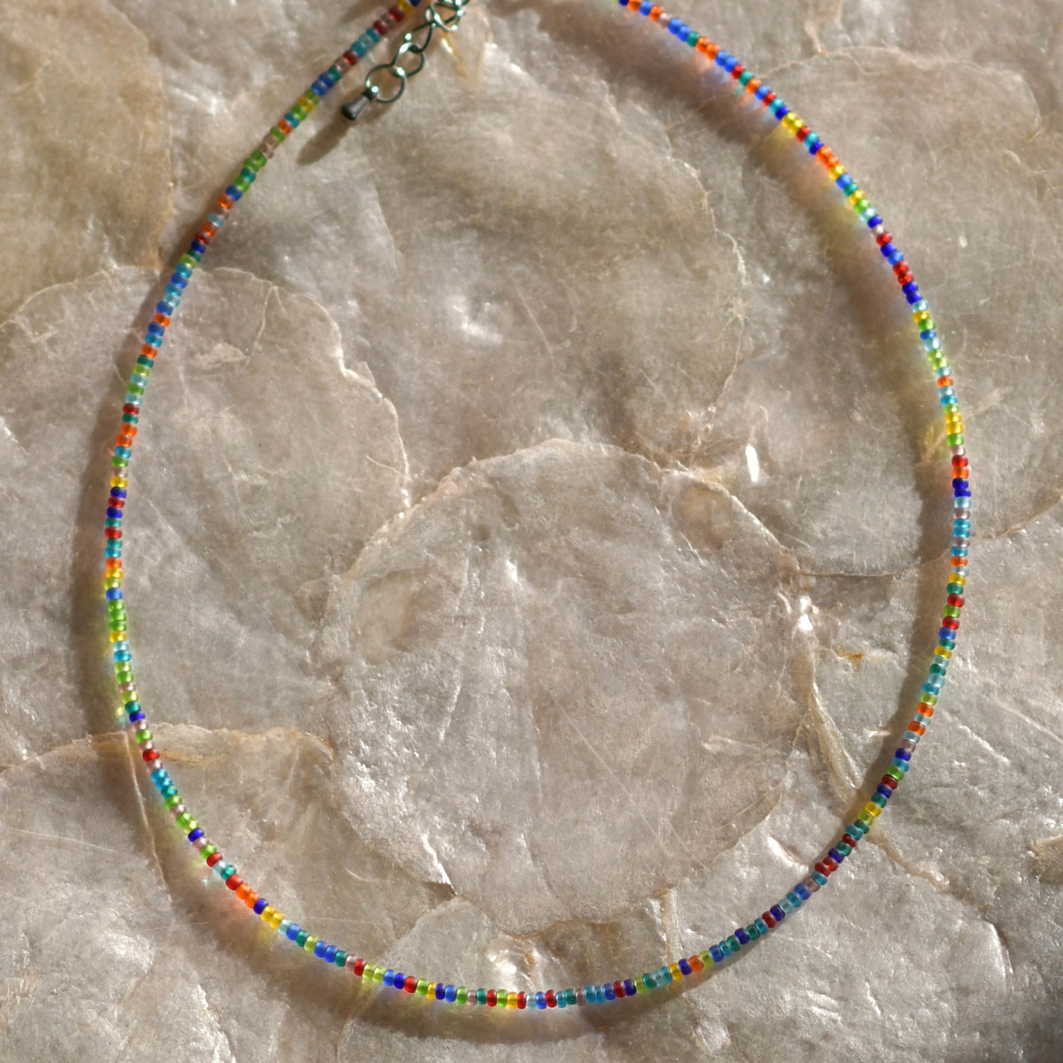 Frosted Rainbow Tiny Seed Bead Necklace, 14" Stainless Steel