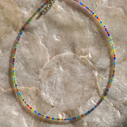 Frosted Rainbow Tiny Seed Bead Necklace, 14" Stainless Steel