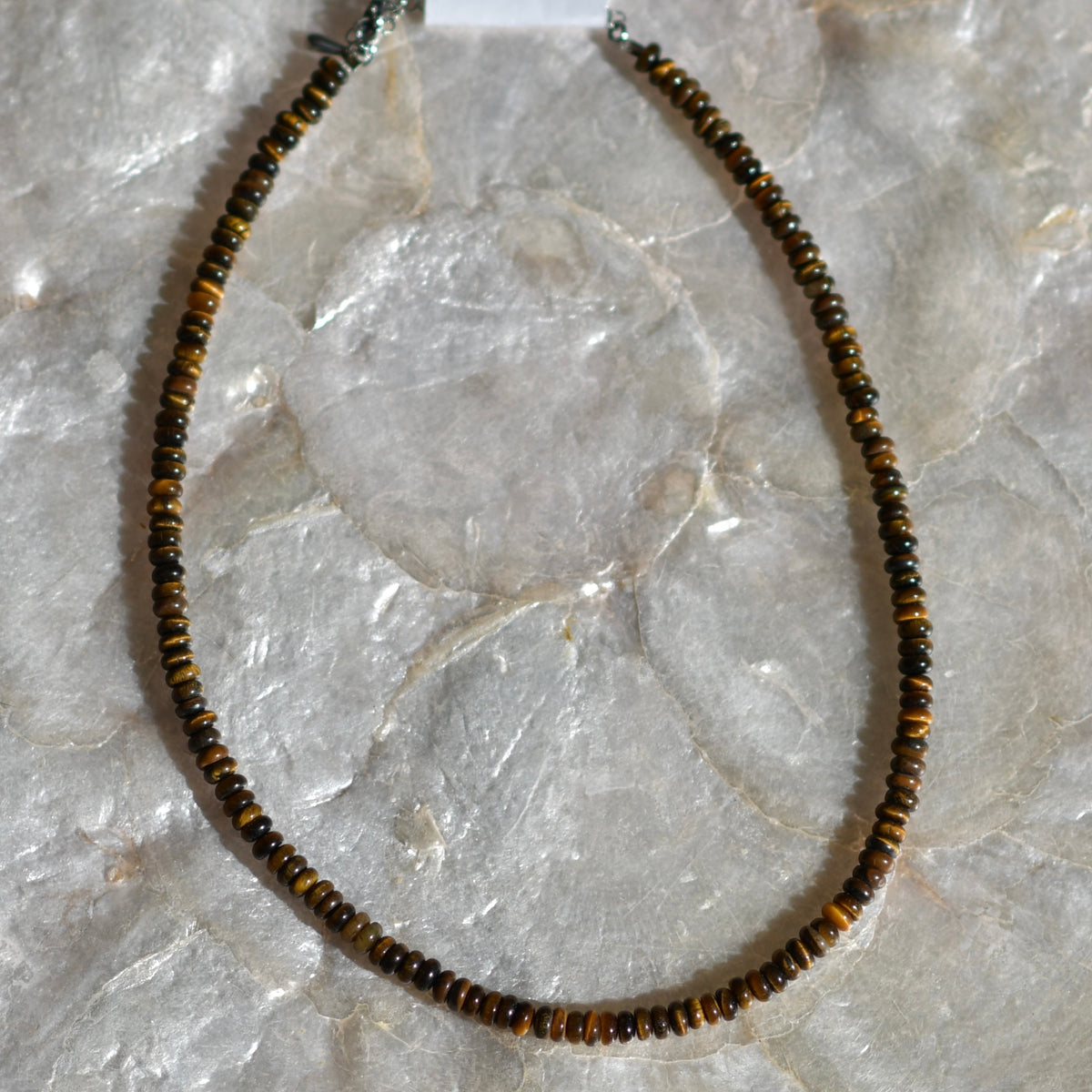 Tiger’s Eye Dainty Rondelle Gemstone Necklace, 14" Stainless Steel