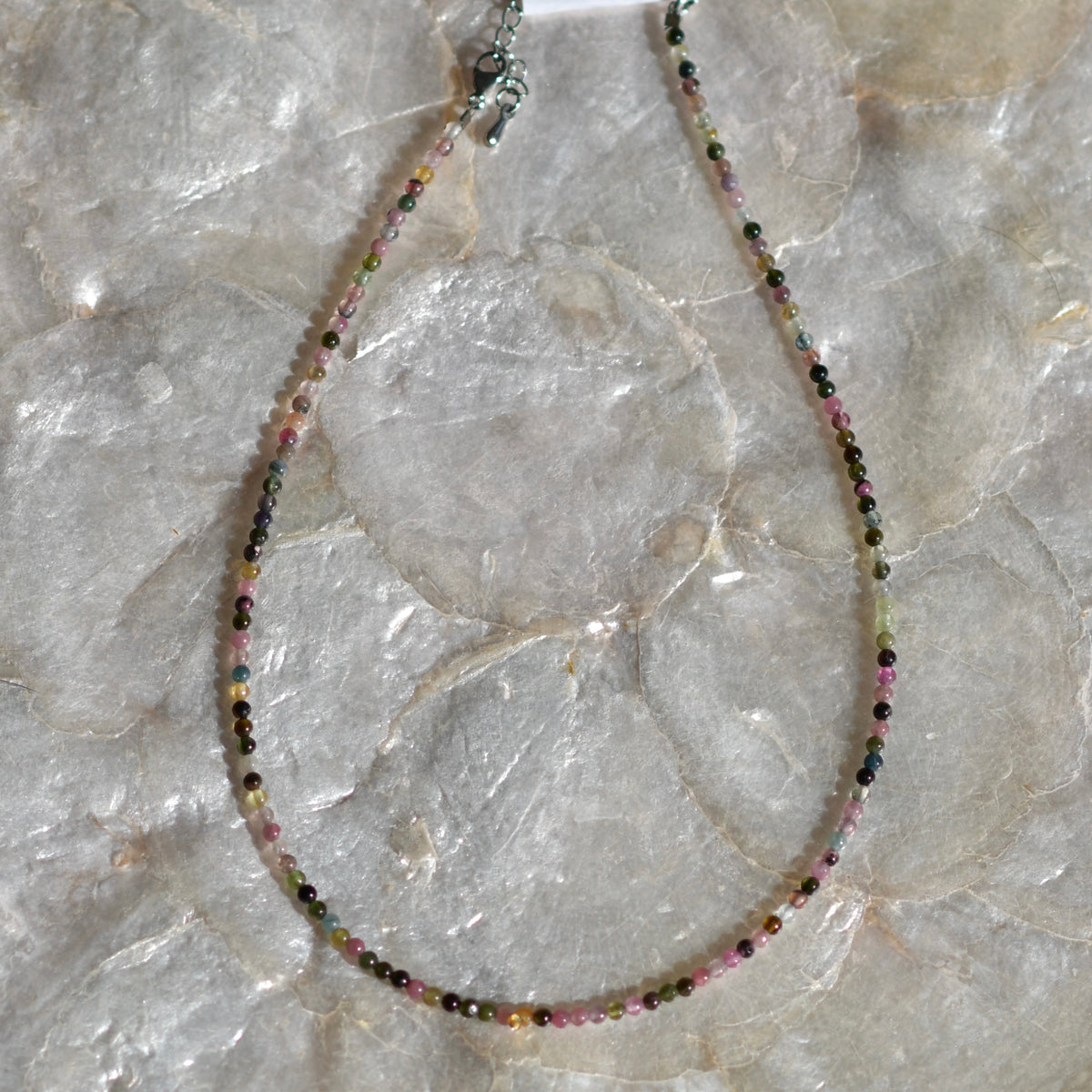 Tourmaline Tiny Gemstone Necklace, 14" Stainless Steel