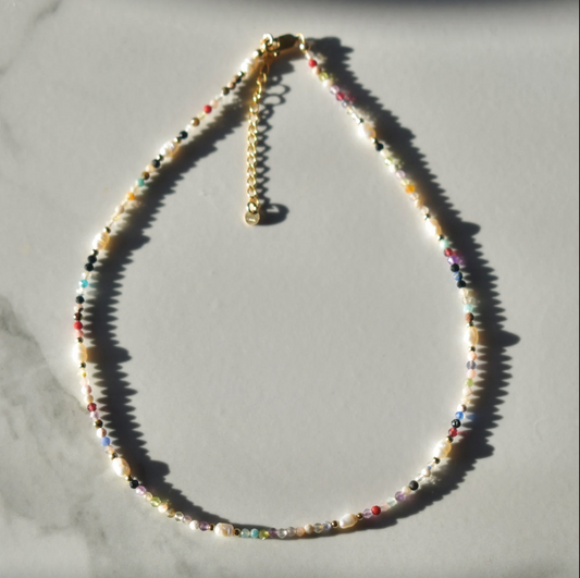 Tiny Sparkly Gemstone & Pearl Beaded Necklace